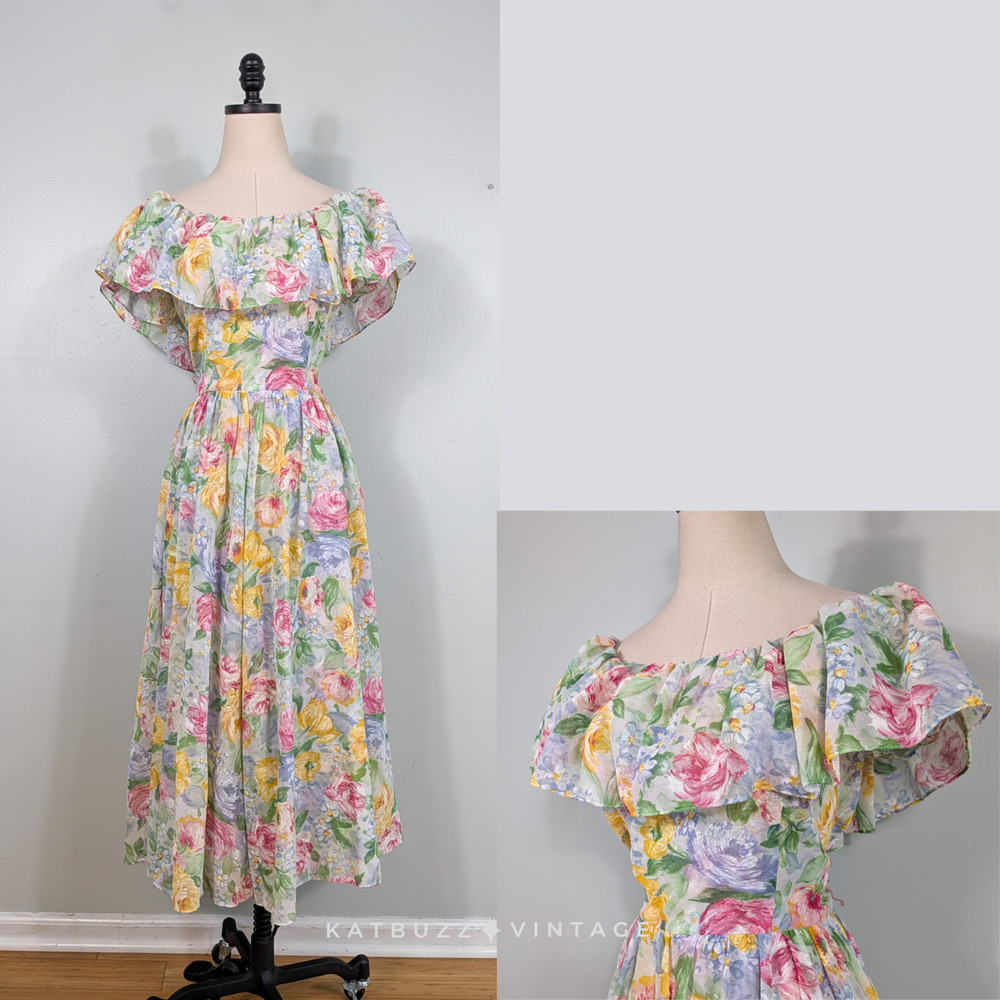 Vintage Lanz Midi Dress M Multi Floral 80s 90s Cottage Feminine Ruffle Summer
